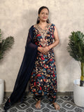 Navy Blue V Neck Rayon Kurta Dupatta Set