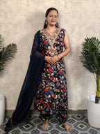 Navy Blue V Neck Rayon Kurta Dupatta Set