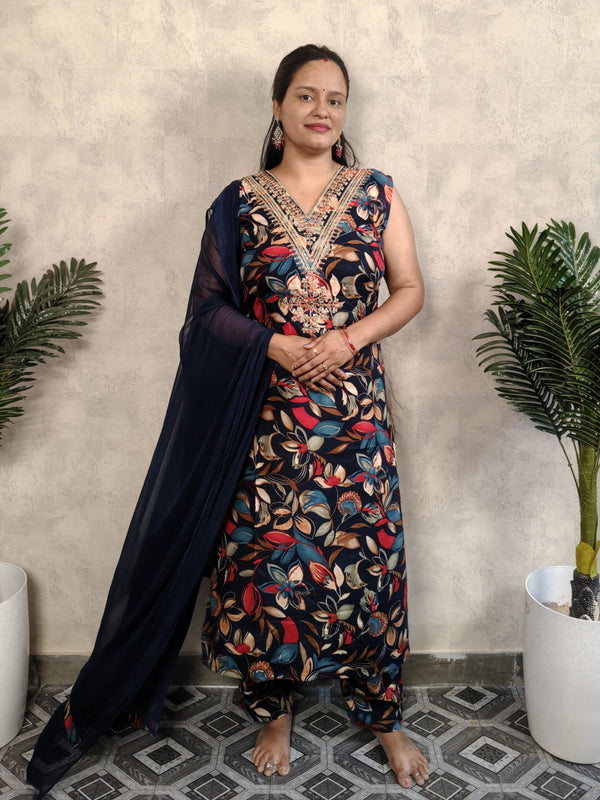Navy Blue V Neck Rayon Kurta Dupatta Set