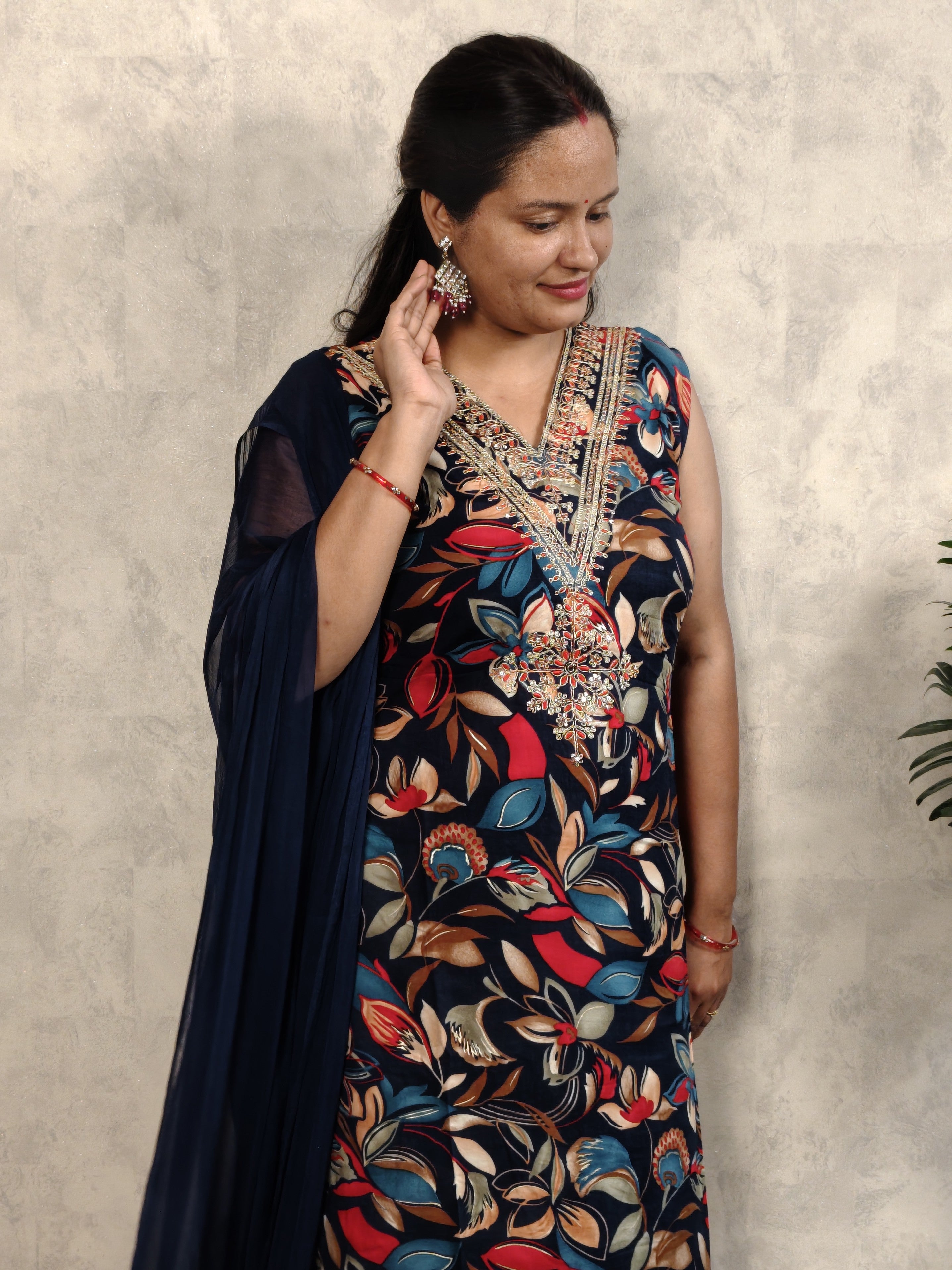 Navy Blue V Neck Rayon Kurta Dupatta Set