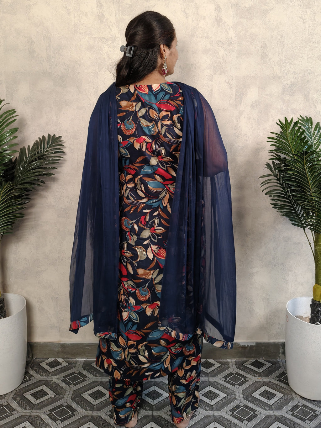 Navy Blue V Neck Rayon Kurta Dupatta Set