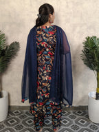 Navy Blue V Neck Rayon Kurta Dupatta Set