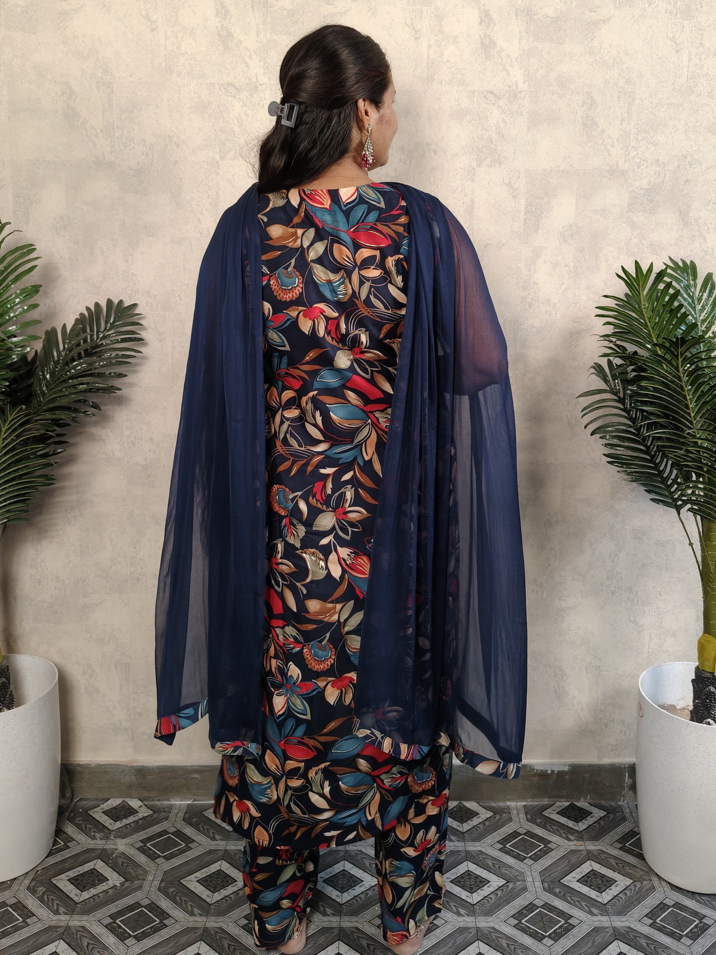 Navy Blue V Neck Rayon Kurta Dupatta Set