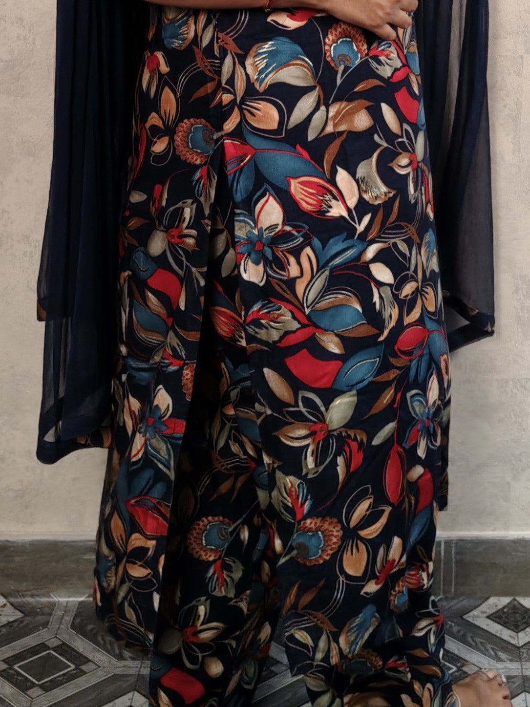 Navy Blue V Neck Rayon Kurta Dupatta Set