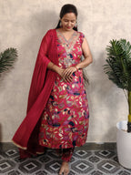 Pink Floral Print Rayon Kurtia Set with Dupatta