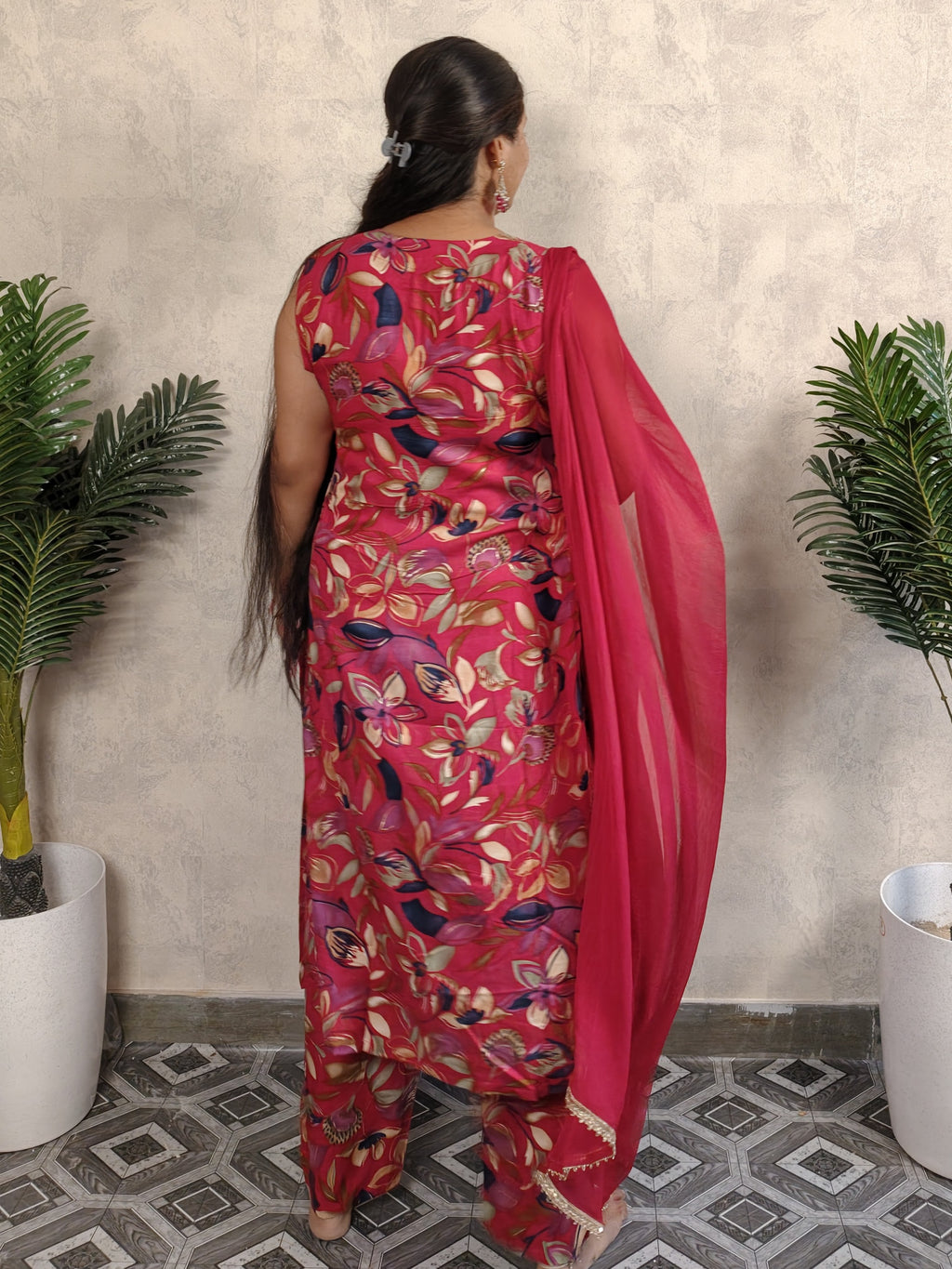 Pink Floral Print Rayon Kurtia Set with Dupatta