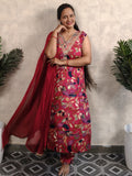 Pink Floral Print Rayon Kurtia Set with Dupatta