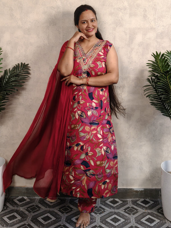 Pink Floral Print Rayon Kurtia Set with Dupatta
