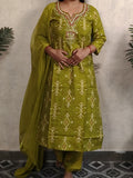 Olive Green Ikat Print Kurti Set with Dupatta