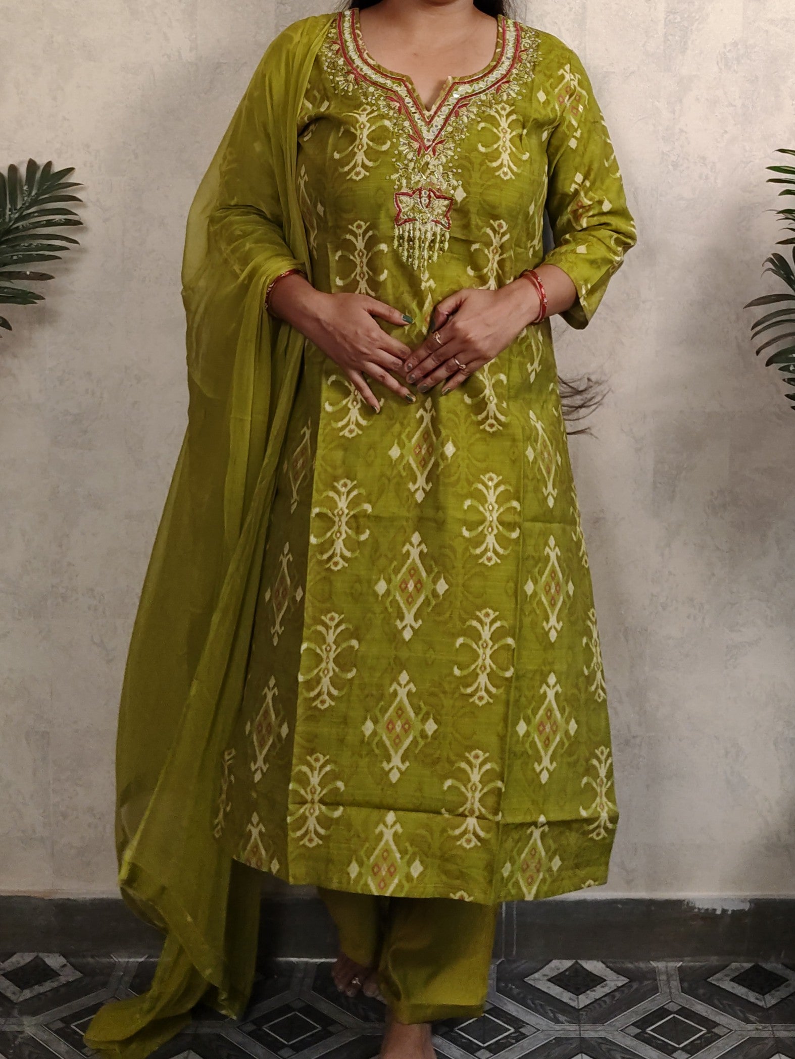 Olive Green Ikat Print Kurti Set with Dupatta