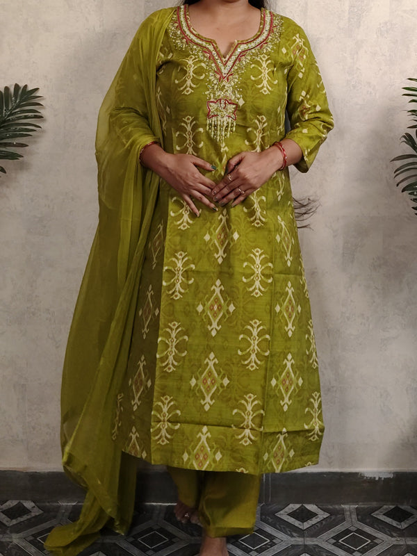 Olive Green Ikat Print Kurti Set with Dupatta