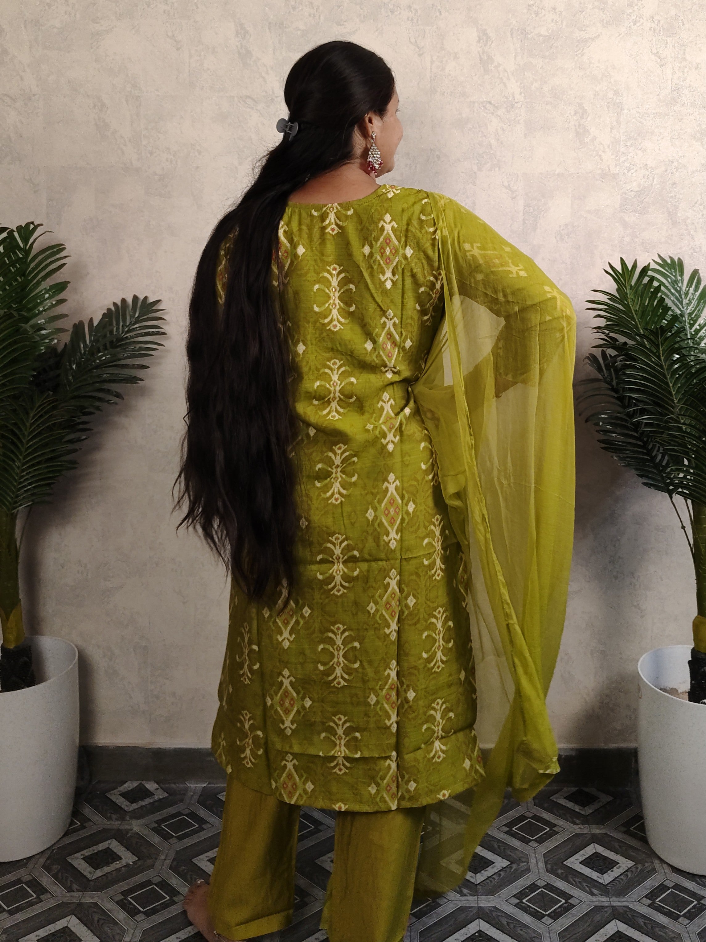 Olive Green Ikat Print Kurti Set with Dupatta