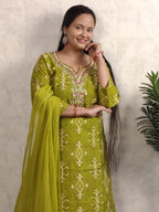Olive Green Ikat Print Kurti Set with Dupatta