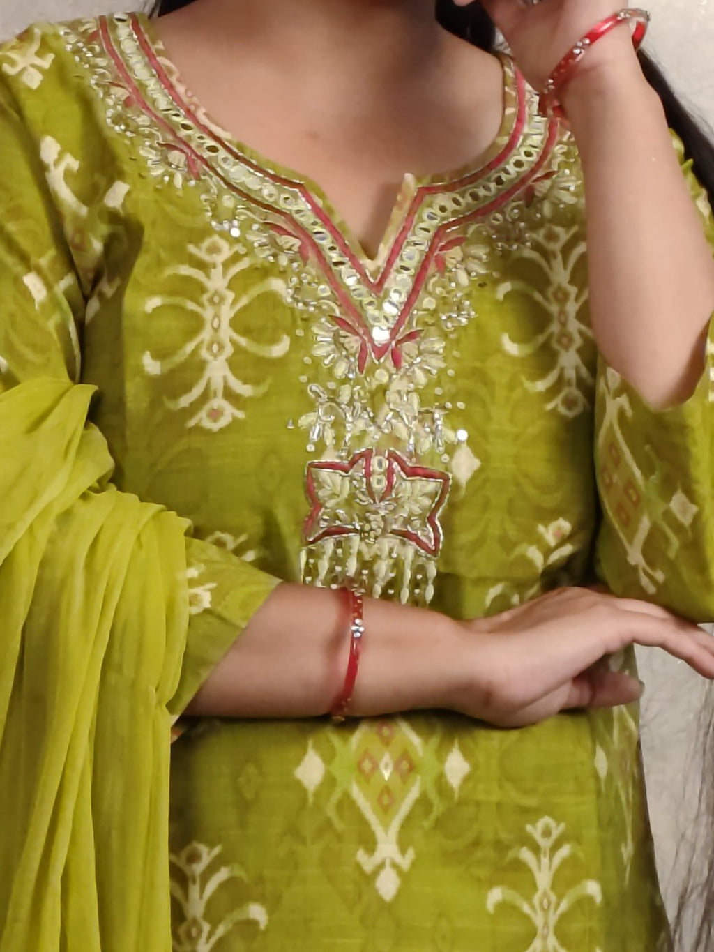 Olive Green Ikat Print Kurti Set with Dupatta