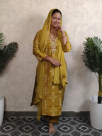 Mustard Yellow Ikat Print Kurti Set with Dupatta