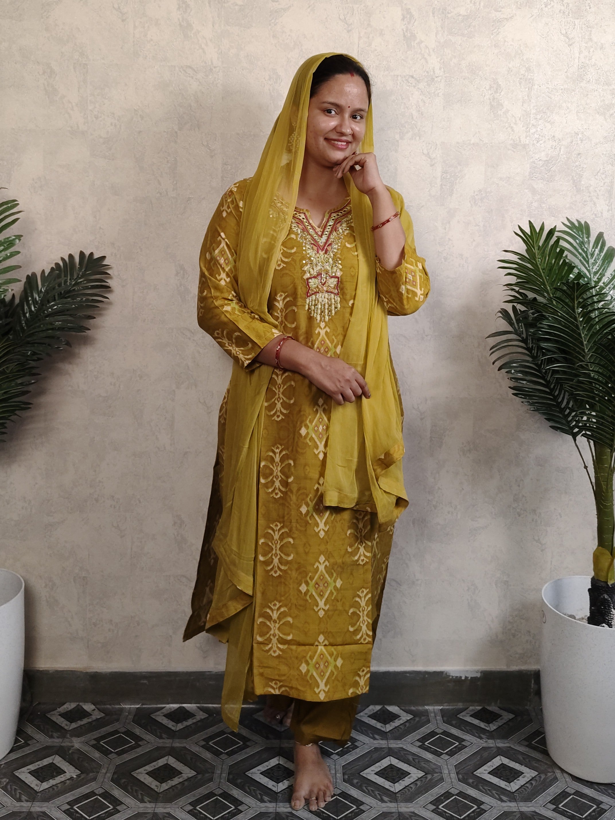 Mustard Yellow Ikat Print Kurti Set with Dupatta