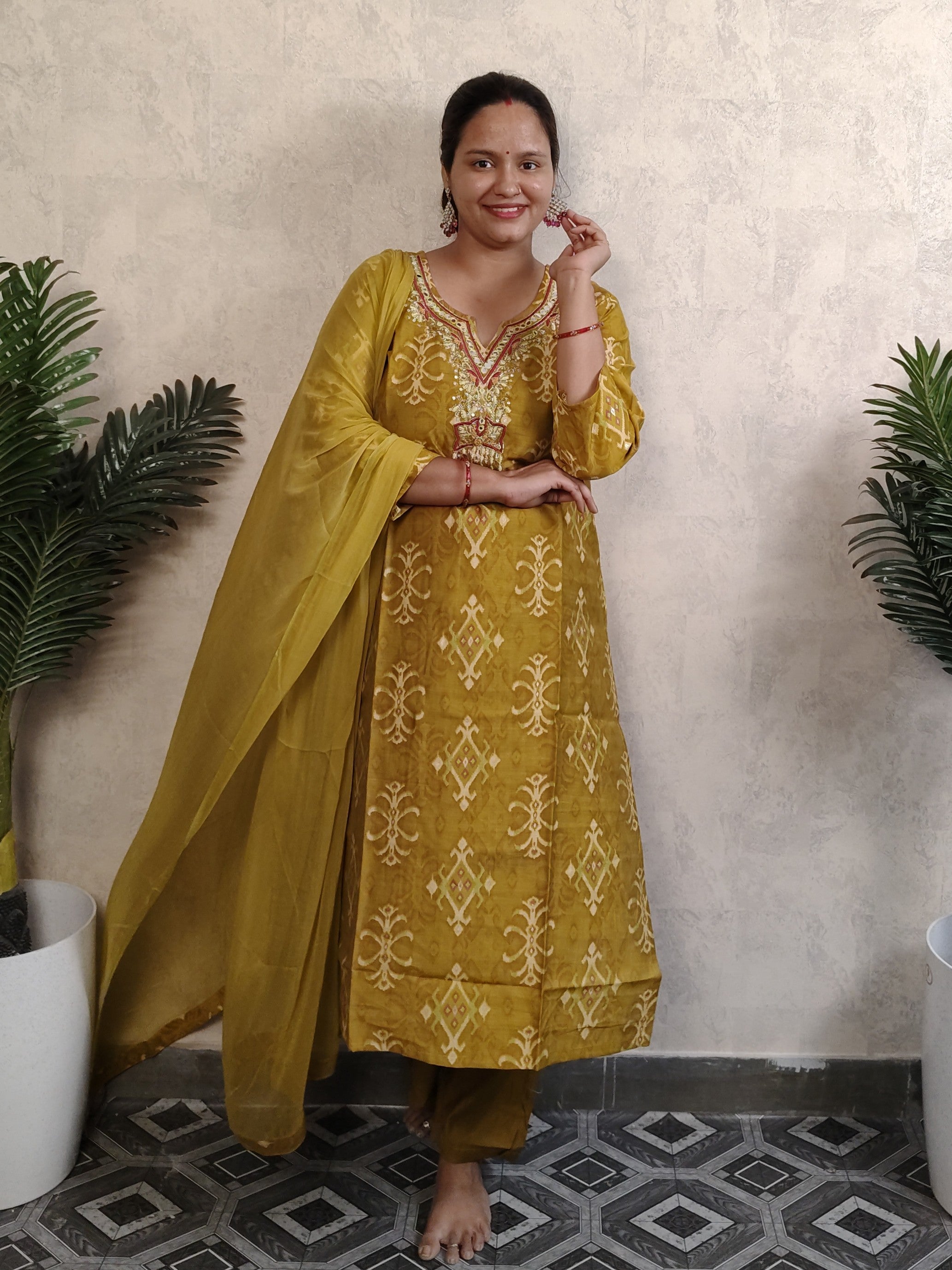 Mustard Yellow Ikat Print Kurti Set with Dupatta