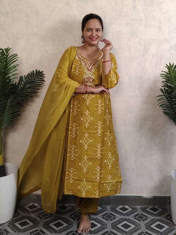 Mustard Yellow Ikat Print Kurti Set with Dupatta