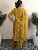 Mustard Yellow Ikat Print Kurti Set with Dupatta
