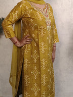 Mustard Yellow Ikat Print Kurti Set with Dupatta