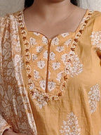 Peach Floral Block Print Cotton Kurti Set with Dupatta