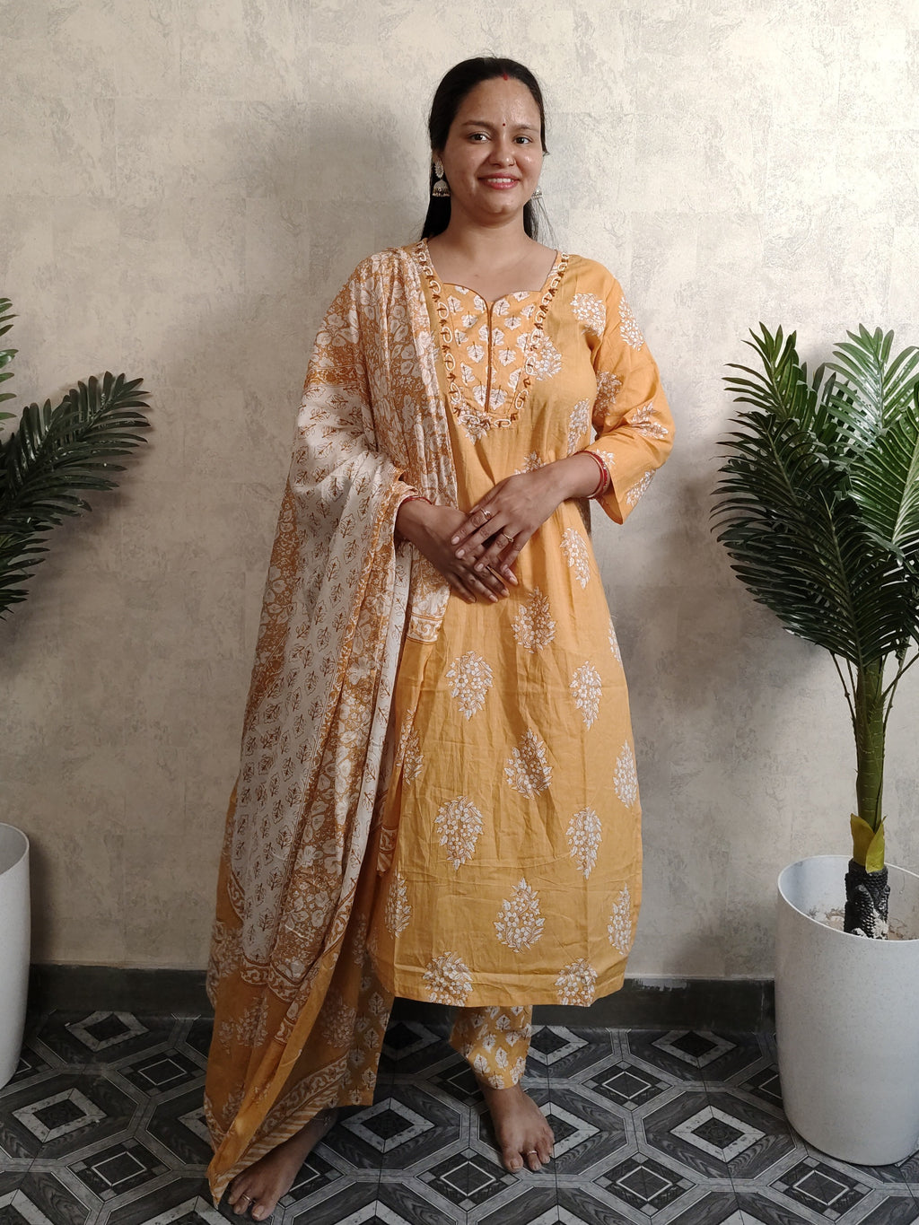 Peach Floral Block Print Cotton Kurti Set with Dupatta