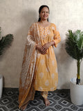 Peach Floral Block Print Cotton Kurti Set with Dupatta