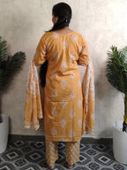 Peach Floral Block Print Cotton Kurti Set with Dupatta