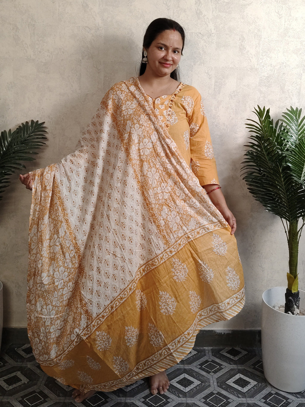 Peach Floral Block Print Cotton Kurti Set with Dupatta