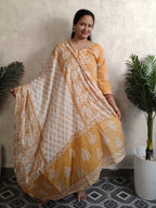 Peach Floral Block Print Cotton Kurti Set with Dupatta