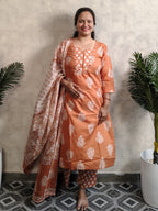 Rust Orange Floral Block Print Cotton Kurti Set with Dupatta