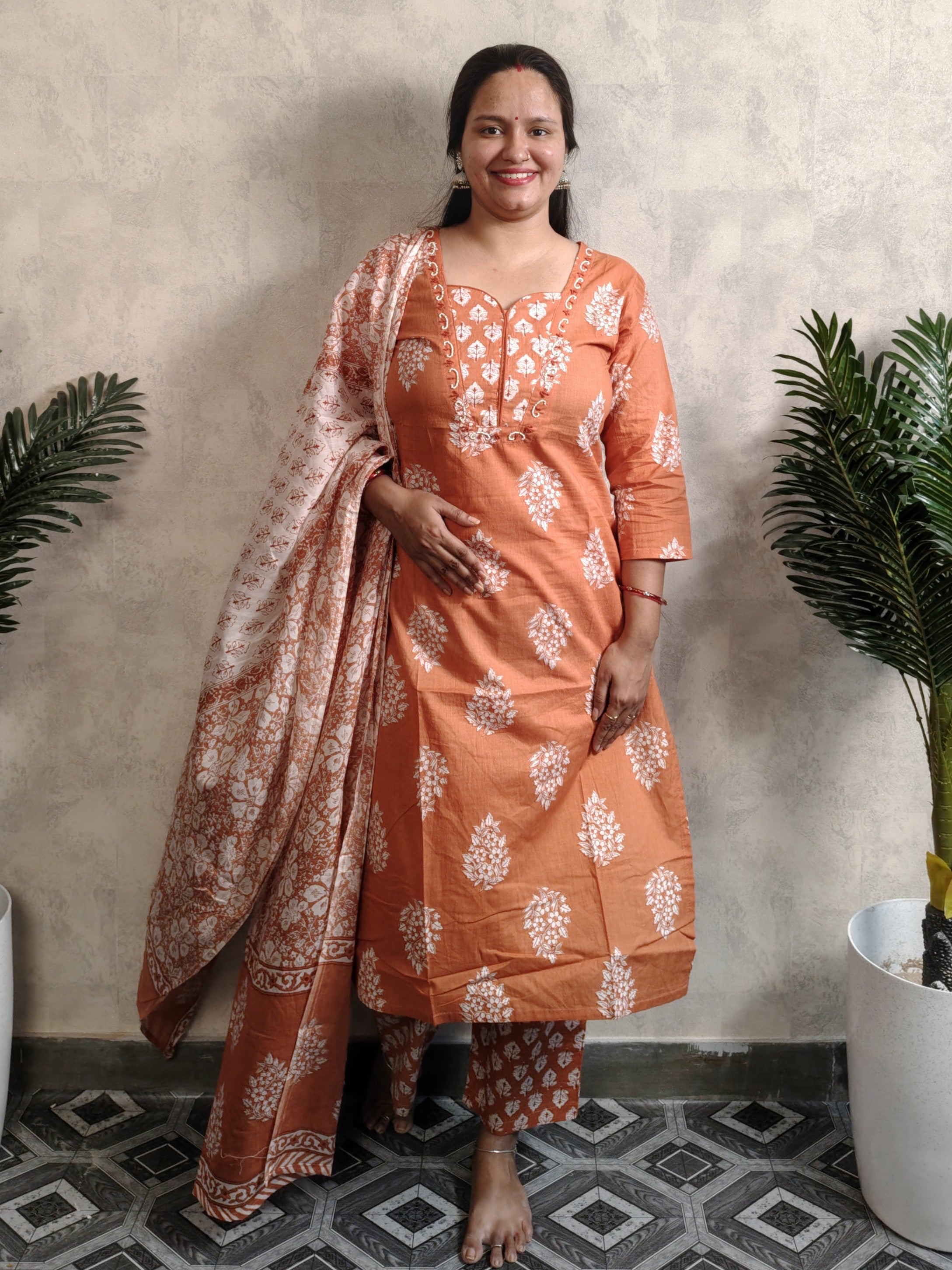 Rust Orange Floral Block Print Cotton Kurti Set with Dupatta
