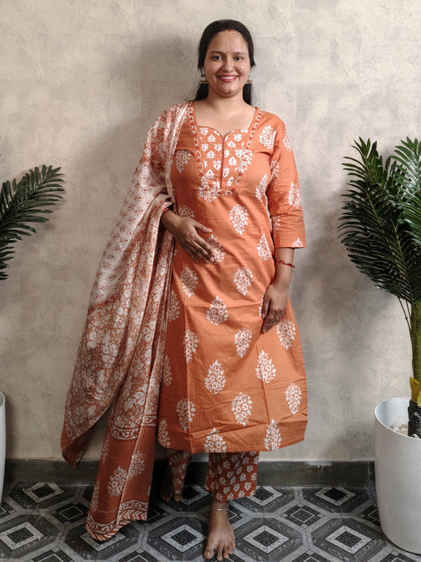 Rust Orange Floral Block Print Cotton Kurti Set with Dupatta
