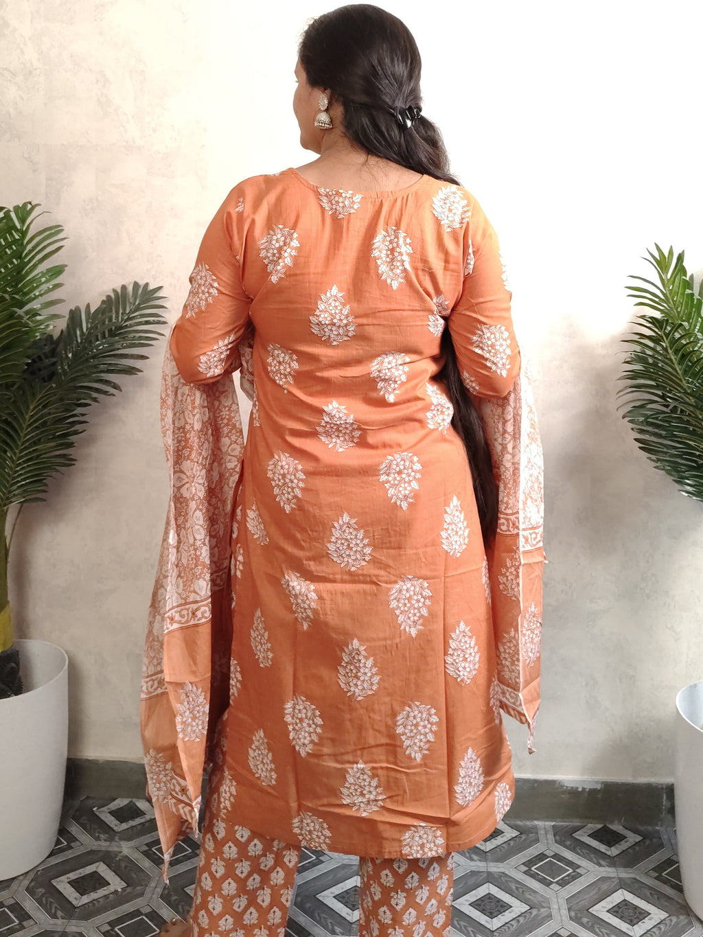 Rust Orange Floral Block Print Cotton Kurti Set with Dupatta