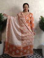 Rust Orange Floral Block Print Cotton Kurti Set with Dupatta
