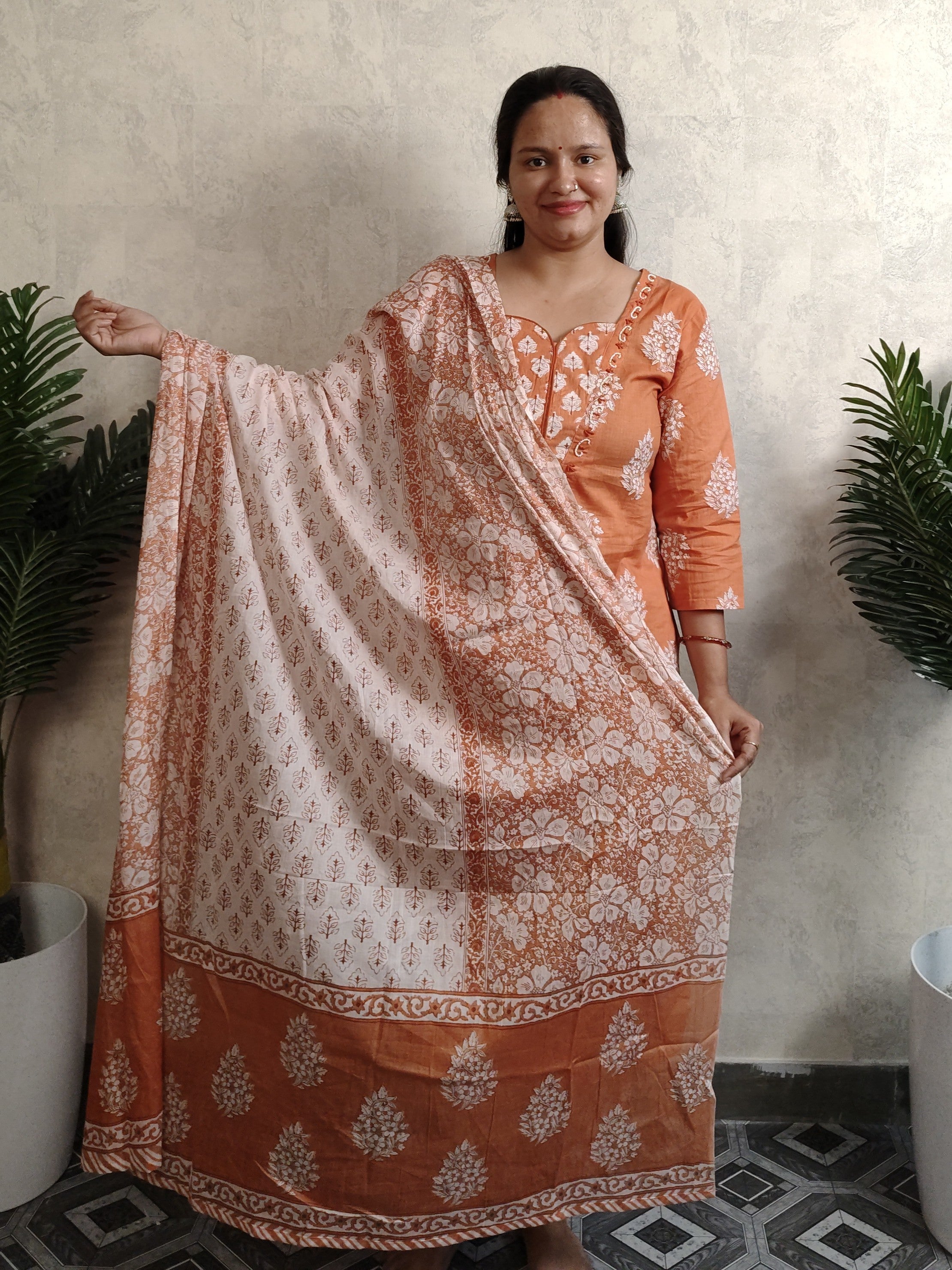 Rust Orange Floral Block Print Cotton Kurti Set with Dupatta