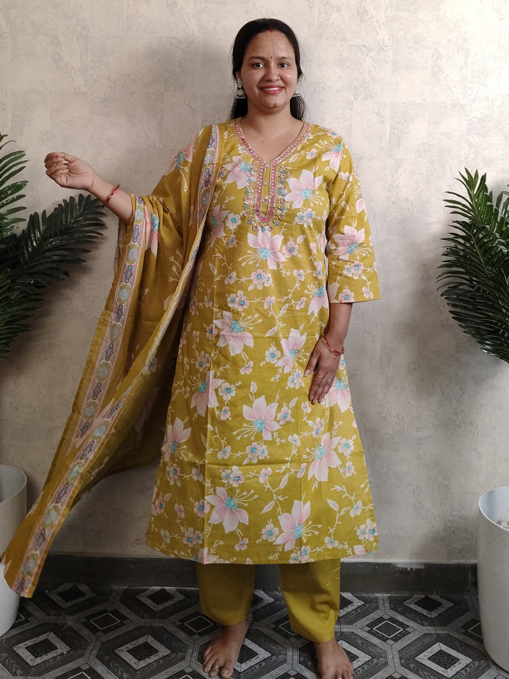 Mustard Yellow Floral Print Rayon Kurti Set with Dupatta