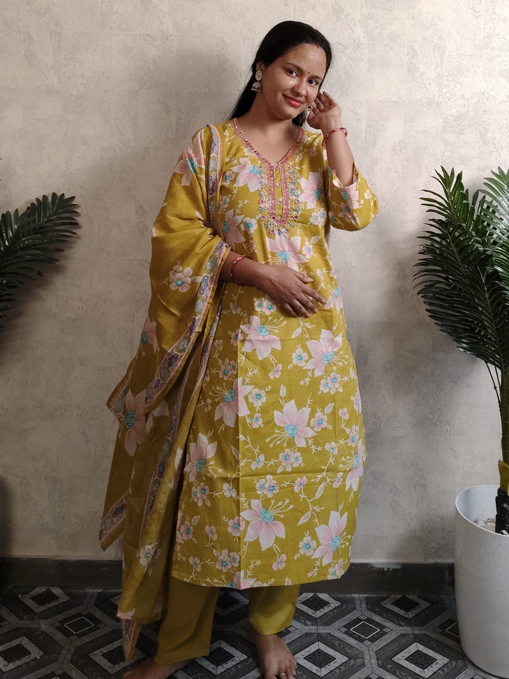 Mustard Yellow Floral Print Rayon Kurti Set with Dupatta