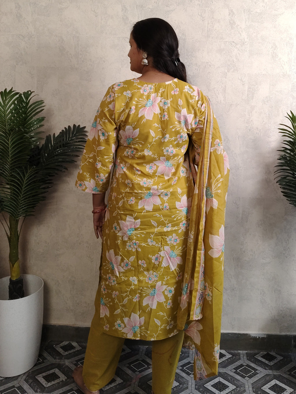 Mustard Yellow Floral Print Rayon Kurti Set with Dupatta