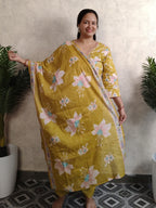 Mustard Yellow Floral Print Rayon Kurti Set with Dupatta