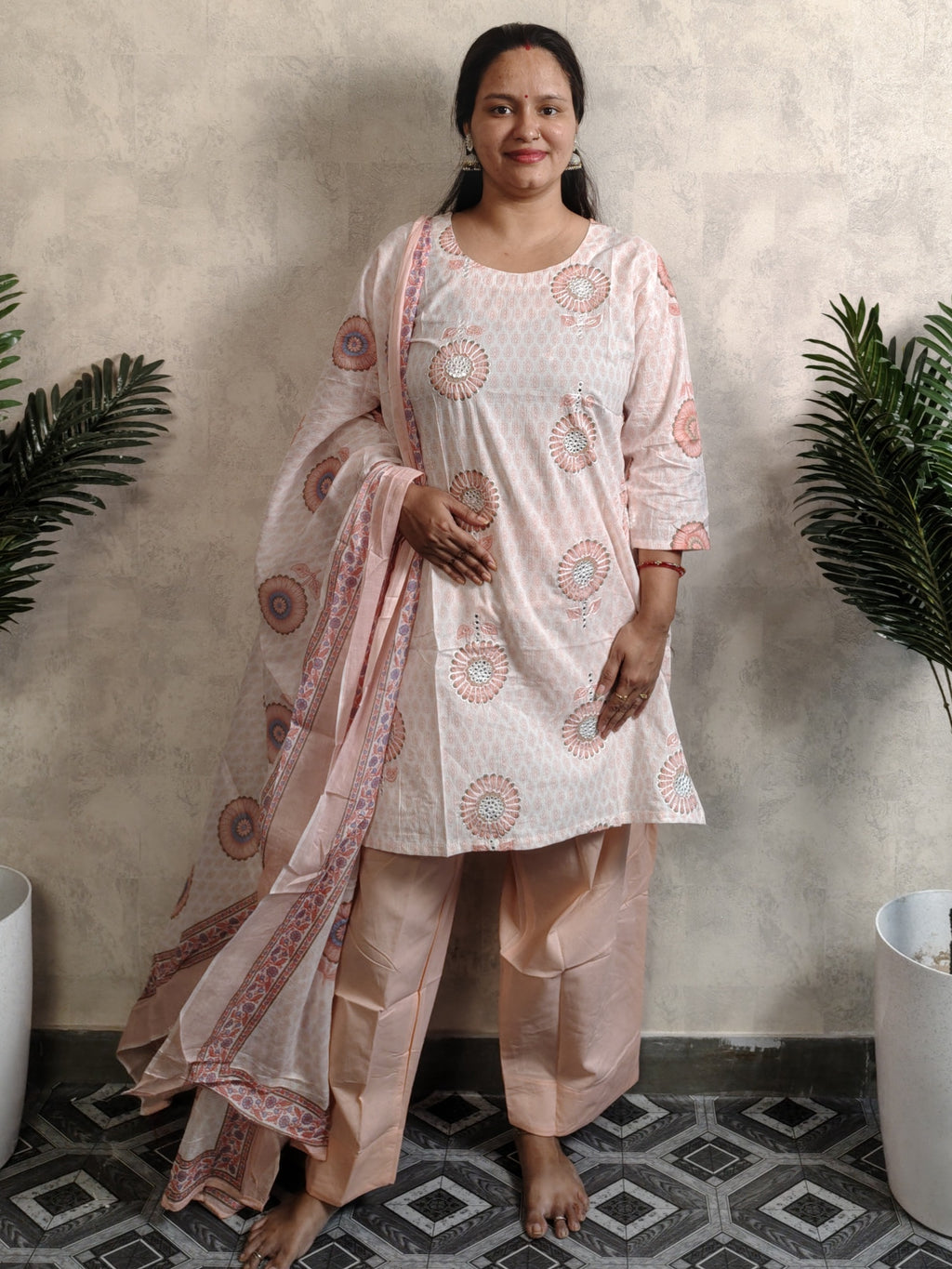 Off-White Sunflower Block Print Cotton Kurti Salwar Set with Dupatta