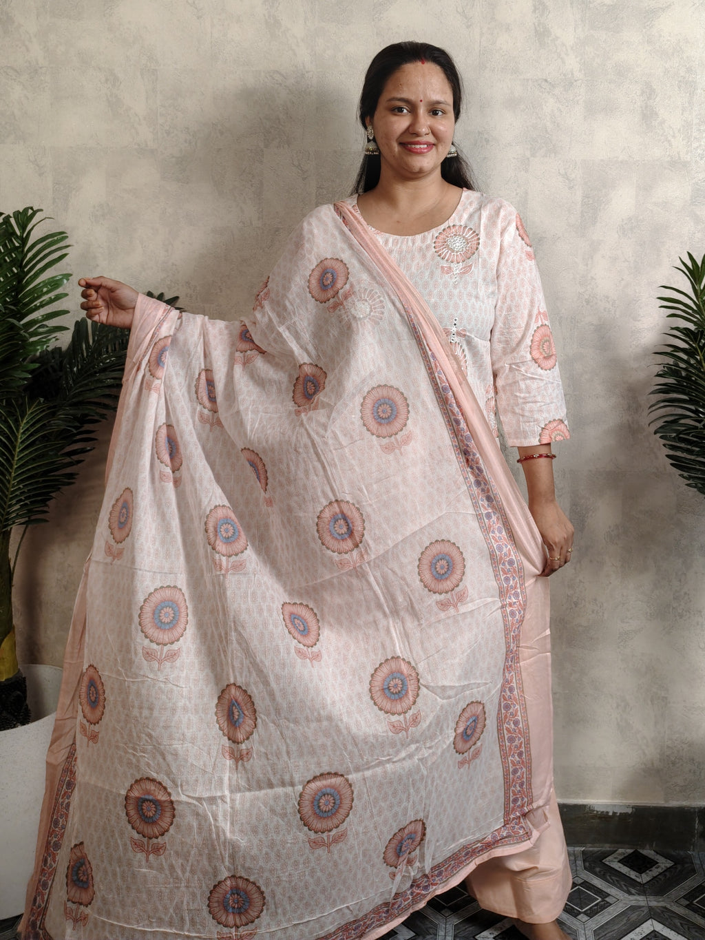Off-White Sunflower Block Print Cotton Kurti Salwar Set with Dupatta