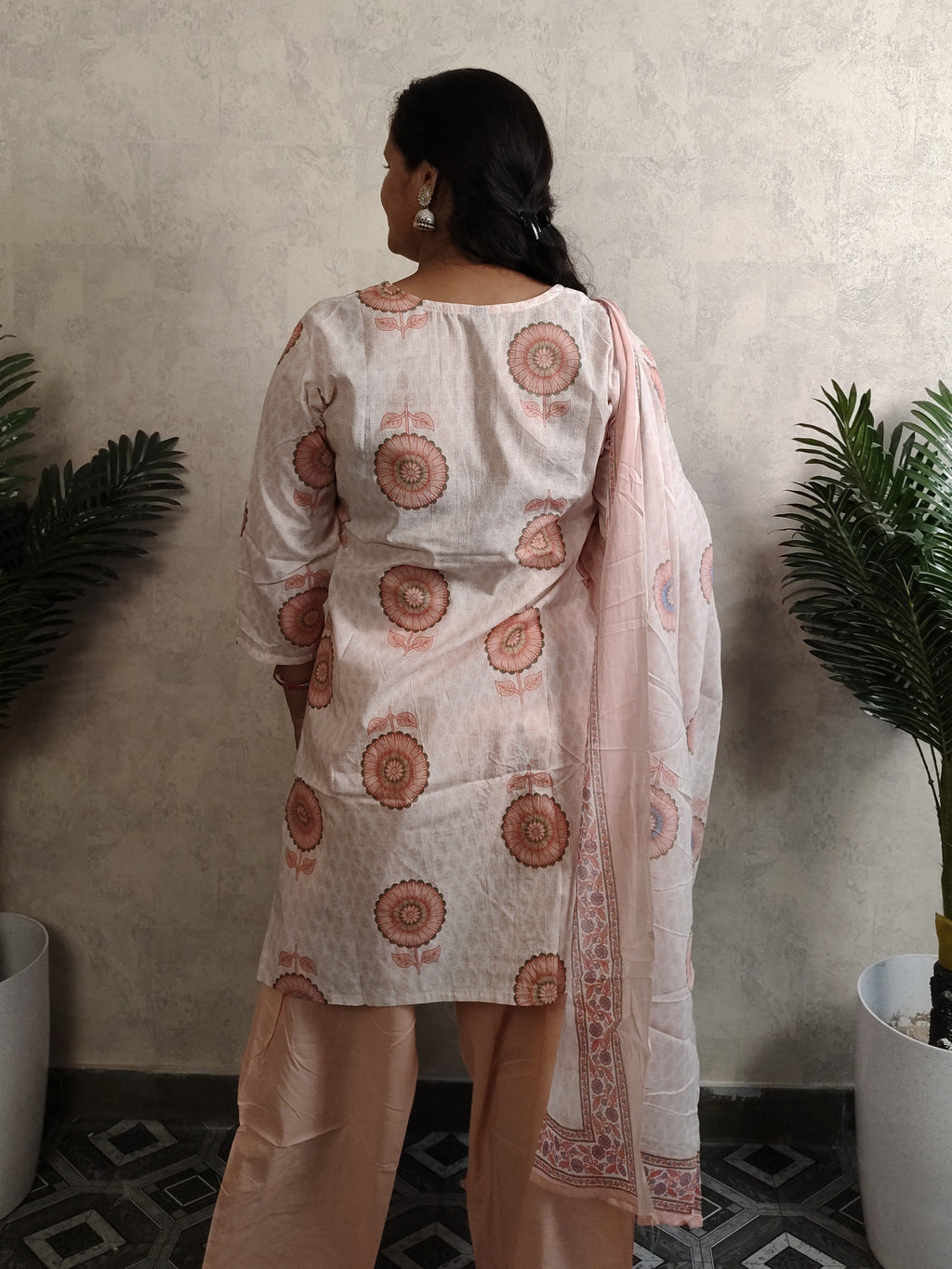 Off-White Sunflower Block Print Cotton Kurti Salwar Set with Dupatta