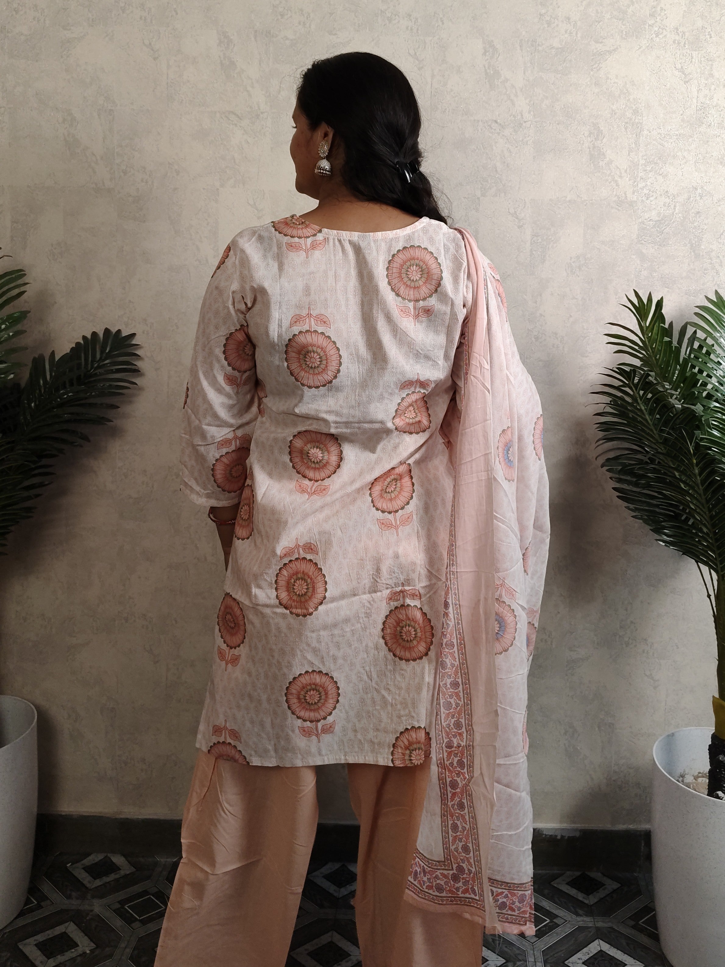 Off-White Sunflower Block Print Cotton Kurti Salwar Set with Dupatta