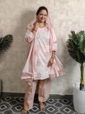 Off-White Sunflower Block Print Cotton Kurti Salwar Set with Dupatta