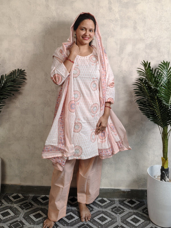 Off-White Sunflower Block Print Cotton Kurti Salwar Set with Dupatta