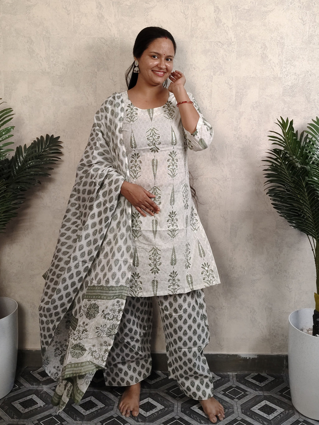 White Olive Green Mughal Boota Block Print Cotton Salwar Kurti Set with Dupatta