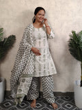 White Olive Green Mughal Boota Block Print Cotton Salwar Kurti Set with Dupatta