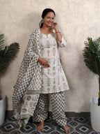 White Olive Green Mughal Boota Block Print Cotton Salwar Kurti Set with Dupatta