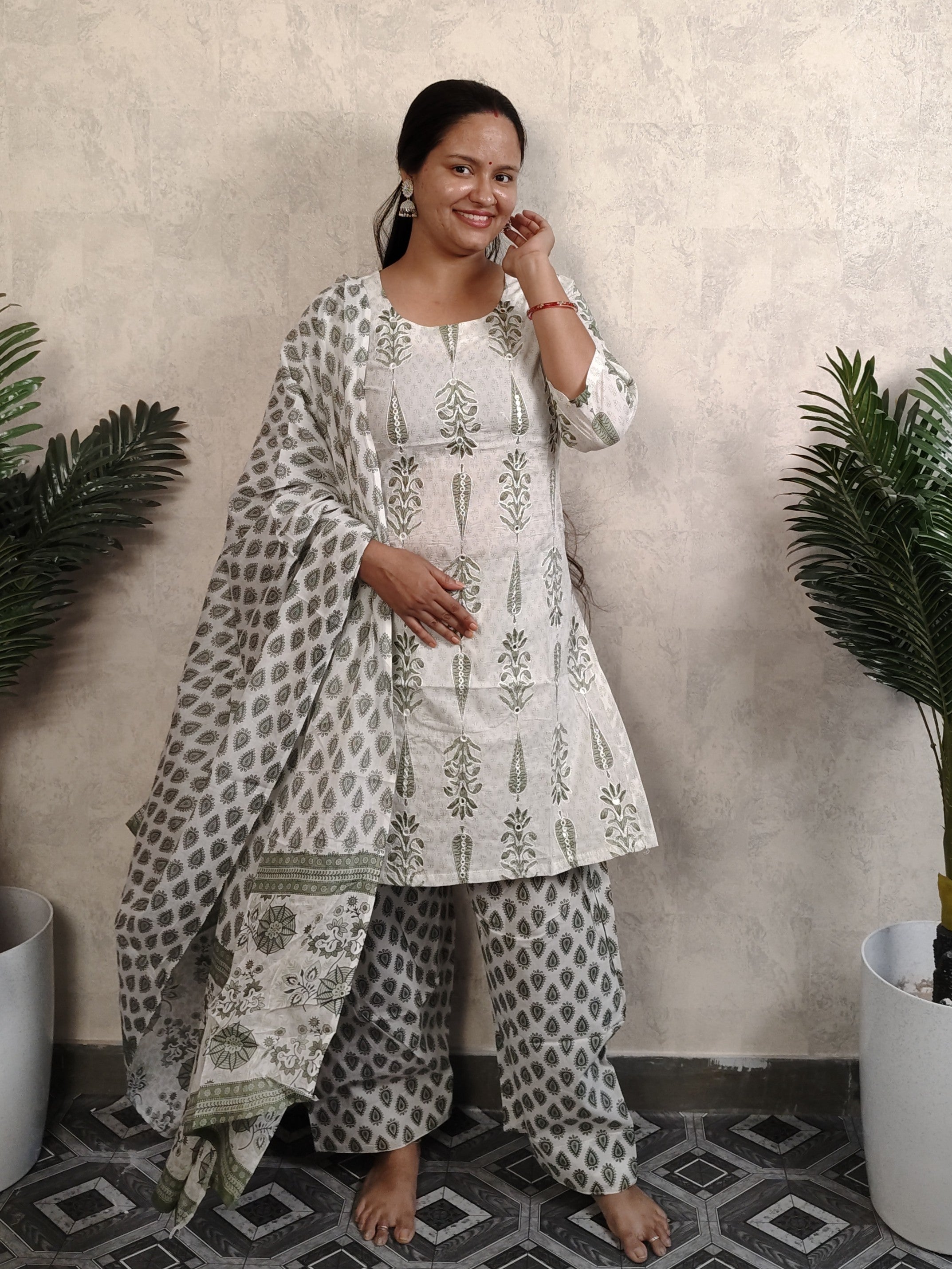 White Olive Green Mughal Boota Block Print Cotton Salwar Kurti Set with Dupatta